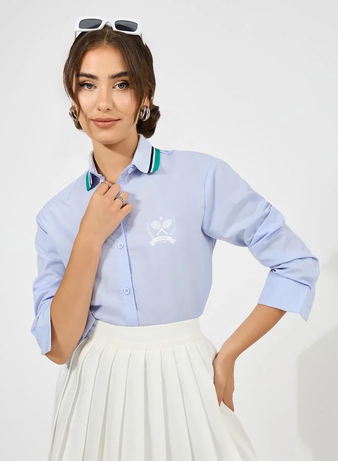 Styli Ribbed Collar Shirt with Minimal Print