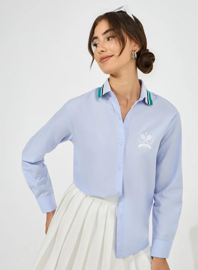 Styli Ribbed Collar Shirt With Minimal Print