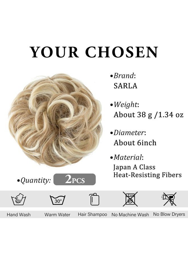 SARLA 2PCS Messy Hair Bun Hair Pieces Wavy Curly Synthetic Updo Fake Scrunchies Ponytail Extension for Women Dirty Blonde - Image 2