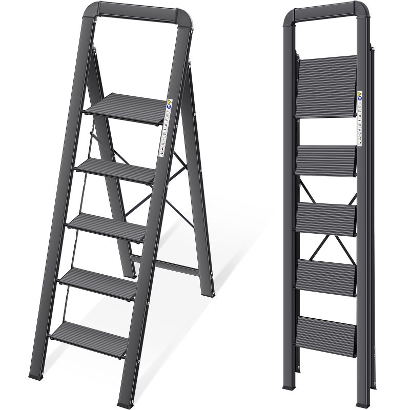 KINGRACK Aluminium 5 Step Ladder, Lightweight Step Stool with Non-Slip Pedals, Handrail, Folding Step Ladder for Kitchen, Garage, Home, Space Saving, Sturdy and Portable, Black - Image 1