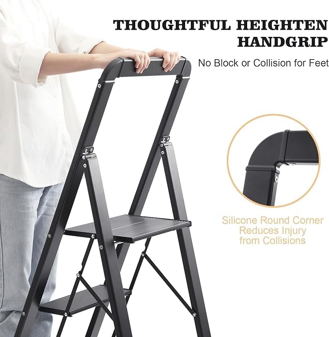 KINGRACK Aluminium 5 Step Ladder, Lightweight Step Stool with Non-Slip Pedals, Handrail, Folding Step Ladder for Kitchen, Garage, Home, Space Saving, Sturdy and Portable, Black - Image 3