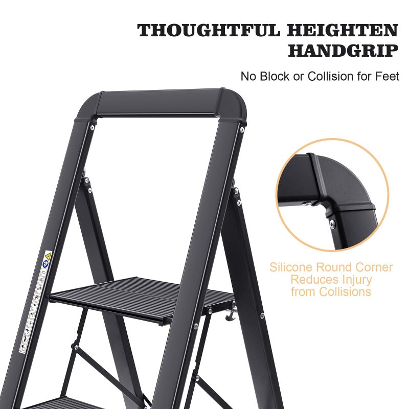 KINGRACK Aluminium 5 Step Ladder, Lightweight Step Stool with Non-Slip Pedals, Handrail, Folding Step Ladder for Kitchen, Garage, Home, Space Saving, Sturdy and Portable, Black - Image 4