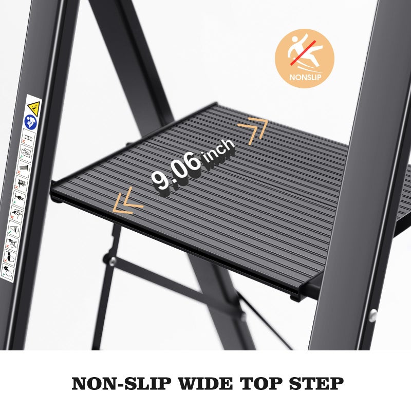KINGRACK Aluminium 5 Step Ladder, Lightweight Step Stool with Non-Slip Pedals, Handrail, Folding Step Ladder for Kitchen, Garage, Home, Space Saving, Sturdy and Portable, Black - Image 2