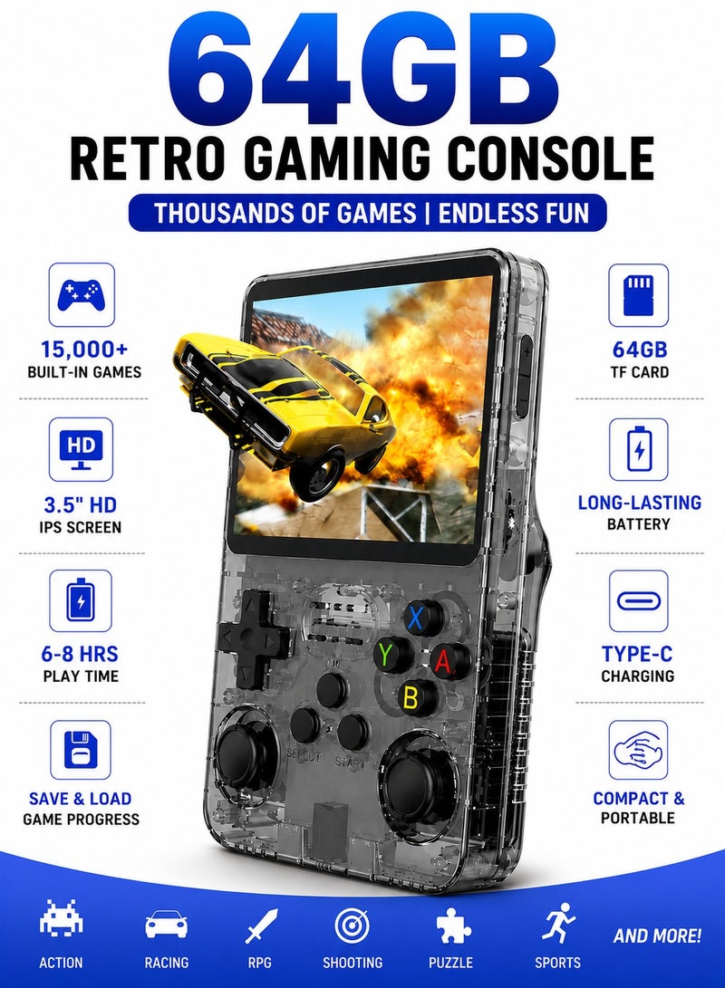 YJ Jaexest R36S Retro Game Console 64GB Handheld, 15000+ Preloaded Games, 3.5" IPS HD Screen, 3500mAh Long-Lasting Battery, Dual Joysticks, Portable Retro Gaming Device for Kids & Adults, Supports PS1/GBA/SNES, Black - Image 1