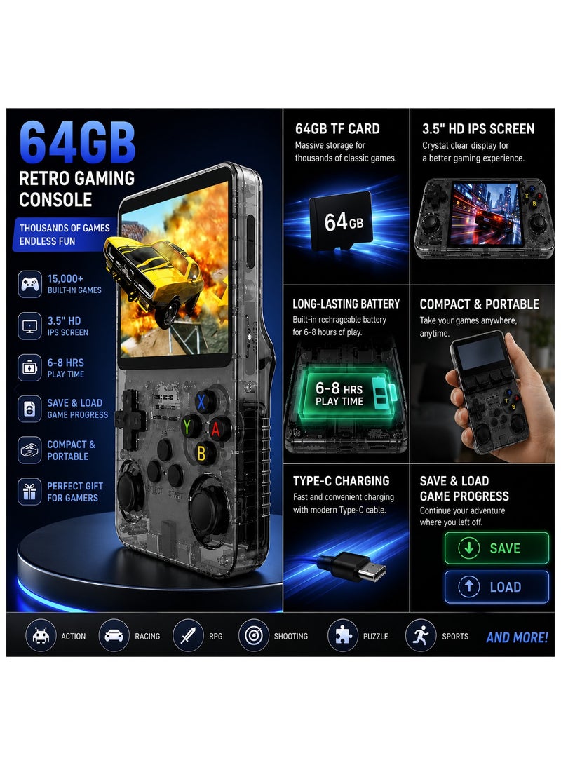 YJ Jaexest R36S Retro Game Console 64GB Handheld, 15000+ Preloaded Games, 3.5" IPS HD Screen, 3500mAh Long-Lasting Battery, Dual Joysticks, Portable Retro Gaming Device for Kids & Adults, Supports PS1/GBA/SNES, Black - Image 2