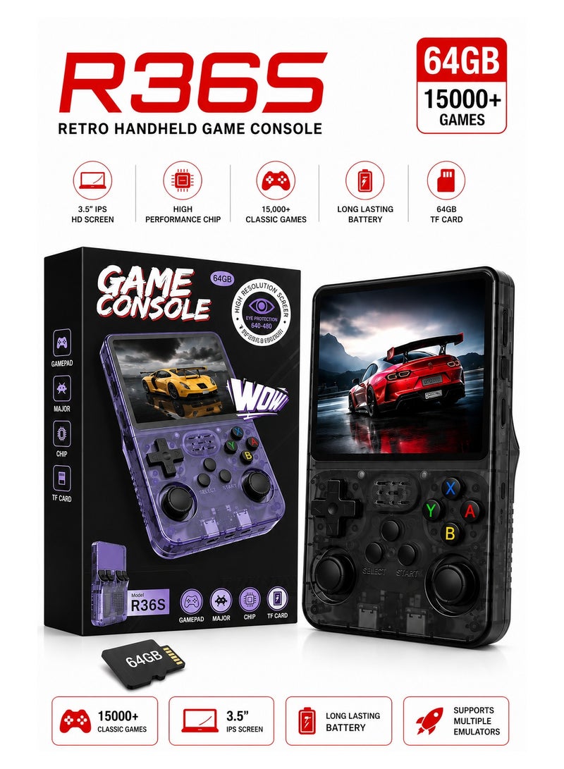 YJ R36S Retro Game Console Handheld, 15000+ Preloaded Games, 3.5" IPS HD Screen, 3500mAh Long-Lasting Battery, Dual Joysticks, Portable Retro Gaming Device for Kids & Adults, Supports PS1/GBA/SNES, Black - Image 1