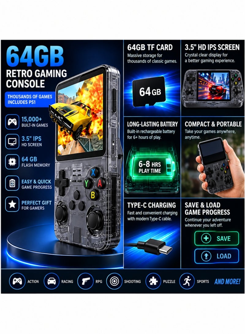 YJ R36S Retro Game Console Handheld, 15000+ Preloaded Games, 3.5" IPS HD Screen, 3500mAh Long-Lasting Battery, Dual Joysticks, Portable Retro Gaming Device for Kids & Adults, Supports PS1/GBA/SNES, Black - Image 2