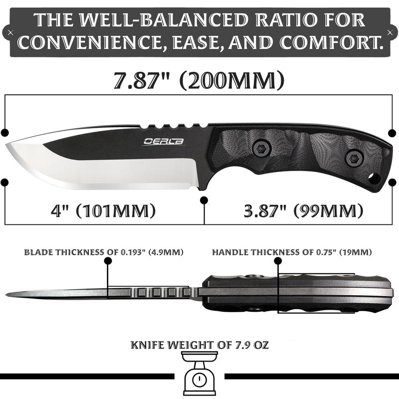 OERLA TAC DE-0014 Fixed Blade Outdoor Duty Knife 420HC Stonewashed Stainless Steel Field Knife Straight Camping Knife with G10 Handle Waist Clip EDC Kydex Sheath (Black) - Image 2