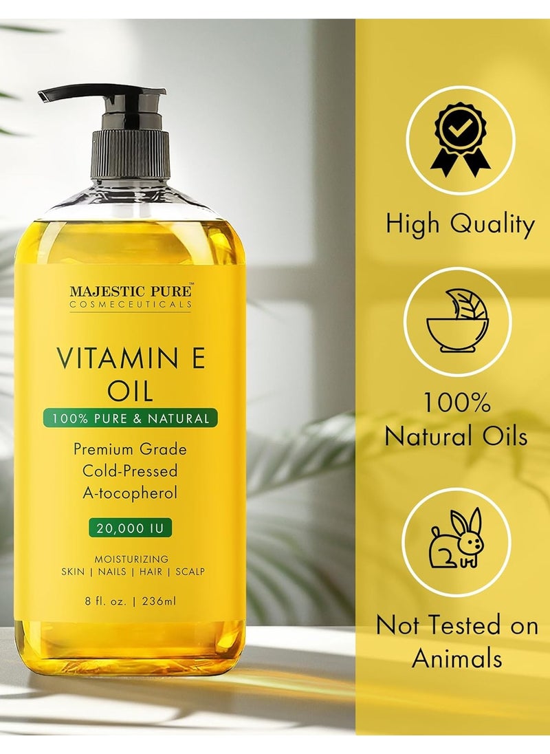 Majestic Pure - Vitamin E Oil - 236 ml| 100% Pure and Natural Cold Pressed Vitamin E oil for Skin, Scars, Face, Nails, Hair, Scalp | 20,000 IU | Non-GMO Verified | Hair & Body Oil | - Image 1