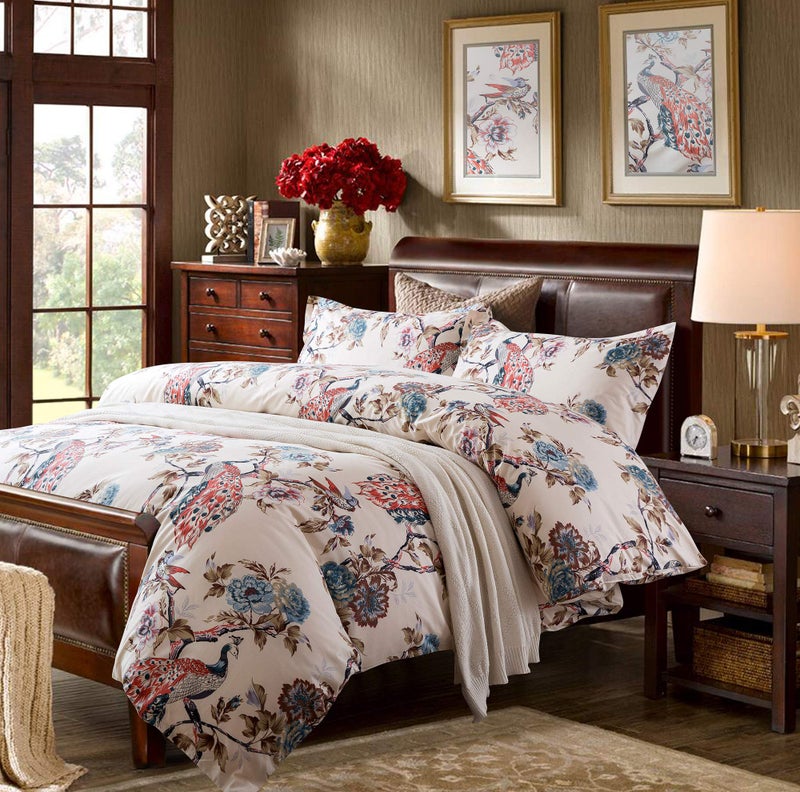 Eikei Oriental Garden Majestic Peacock Bird Floral Duvet Cover Chinoiserie Chic Asian Style Blooming Trees Vines and Branches Long Staple Cotton 3pc Bedding Set Creamy White Queen