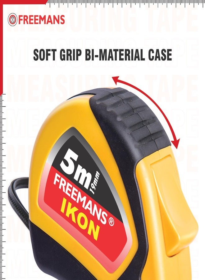 FREEMANS IKON 5m:19mm Steel Inchi Measuring Tape - 5m (Yellow & Black) With Unbreakable ABS case || Soft Grip Bi-material Case || Auto-lock and Belt Clip (Set of 10) - Image 5