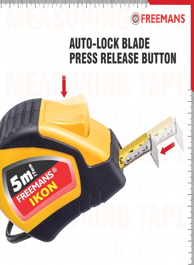 FREEMANS IKON 5m:19mm Steel Inchi Measuring Tape - 5m (Yellow & Black) With Unbreakable ABS case || Soft Grip Bi-material Case || Auto-lock and Belt Clip (Set of 10) - Image 4
