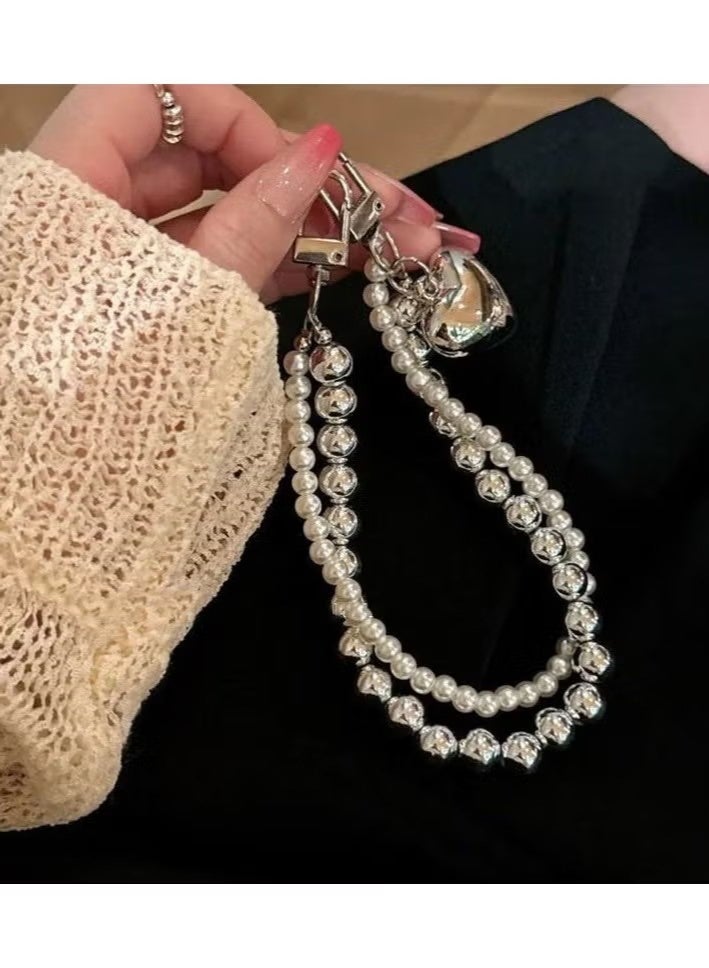 Heart Double Pearl Phone Lanyard Women's Beaded Keychain & Wristband for Phone Camera Wallet(Silver) - Image 1