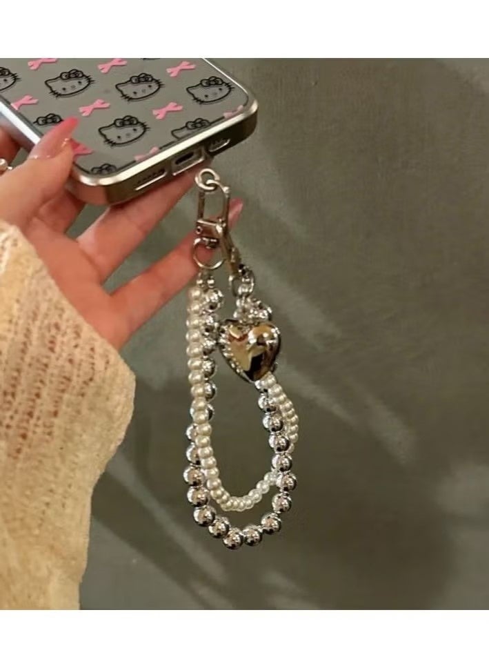 Heart Double Pearl Phone Lanyard Women's Beaded Keychain & Wristband for Phone Camera Wallet(Silver) - Image 2