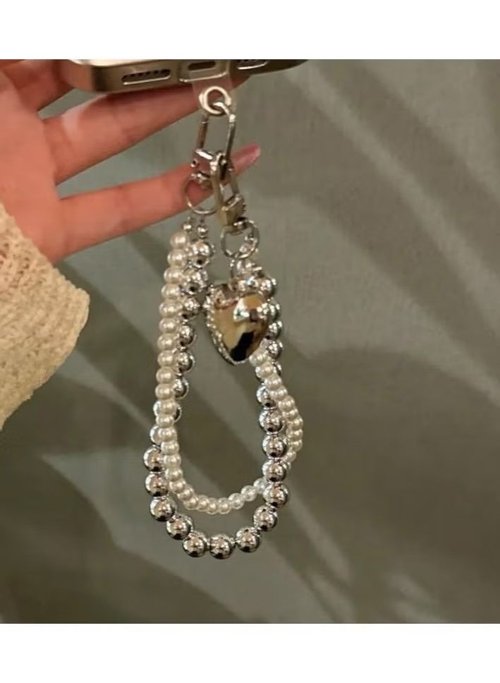 Heart Double Pearl Phone Lanyard Women's Beaded Keychain & Wristband for Phone Camera Wallet(Silver) - Image 3