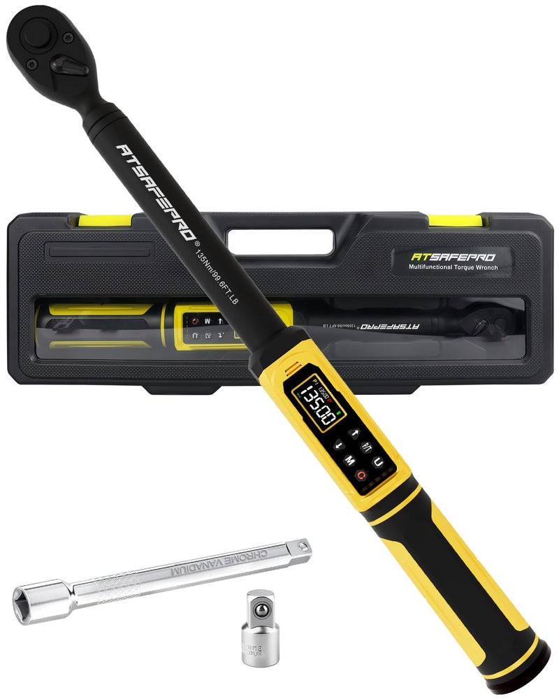 ATsafepro Digital Torque Wrench 3/8" Drive, 1.5-99.5 FT.Lb - 5 Units with Color Screen, Vibration/Buzzer/LED, 5" Extension & 3/8 to 1/2 Adapter, 3/8 Torque Wrench ±2% Accuracy for Car, Motorcycle, Bike Repair - Image 1