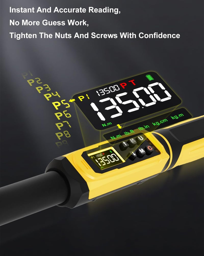 ATsafepro Digital Torque Wrench 3/8" Drive, 1.5-99.5 FT.Lb - 5 Units with Color Screen, Vibration/Buzzer/LED, 5" Extension & 3/8 to 1/2 Adapter, 3/8 Torque Wrench ±2% Accuracy for Car, Motorcycle, Bike Repair - Image 2