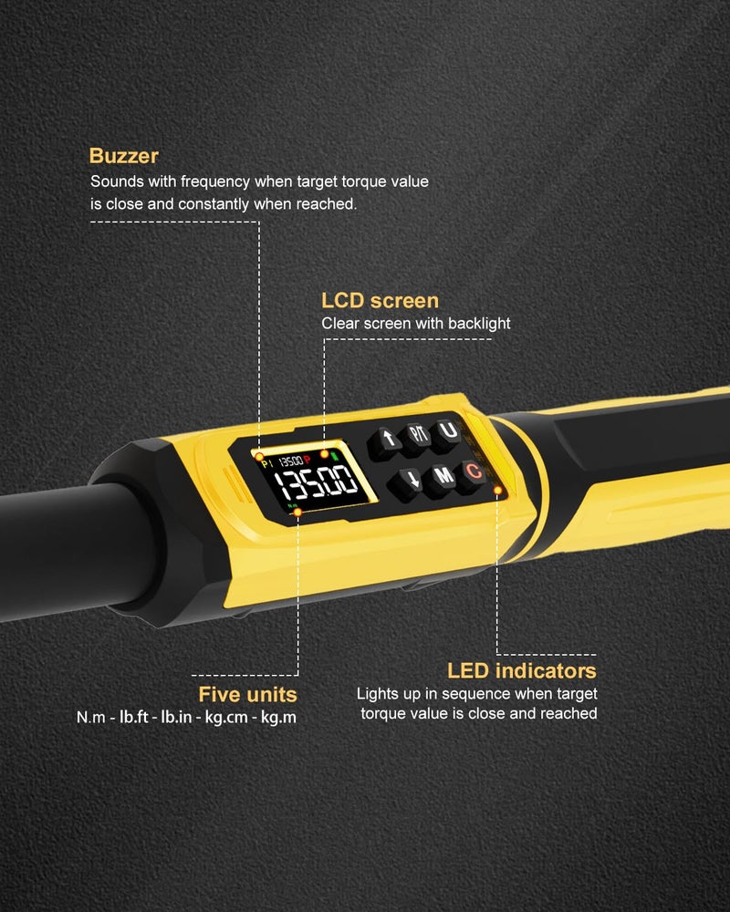 ATsafepro Digital Torque Wrench 3/8" Drive, 1.5-99.5 FT.Lb - 5 Units with Color Screen, Vibration/Buzzer/LED, 5" Extension & 3/8 to 1/2 Adapter, 3/8 Torque Wrench ±2% Accuracy for Car, Motorcycle, Bike Repair - Image 5