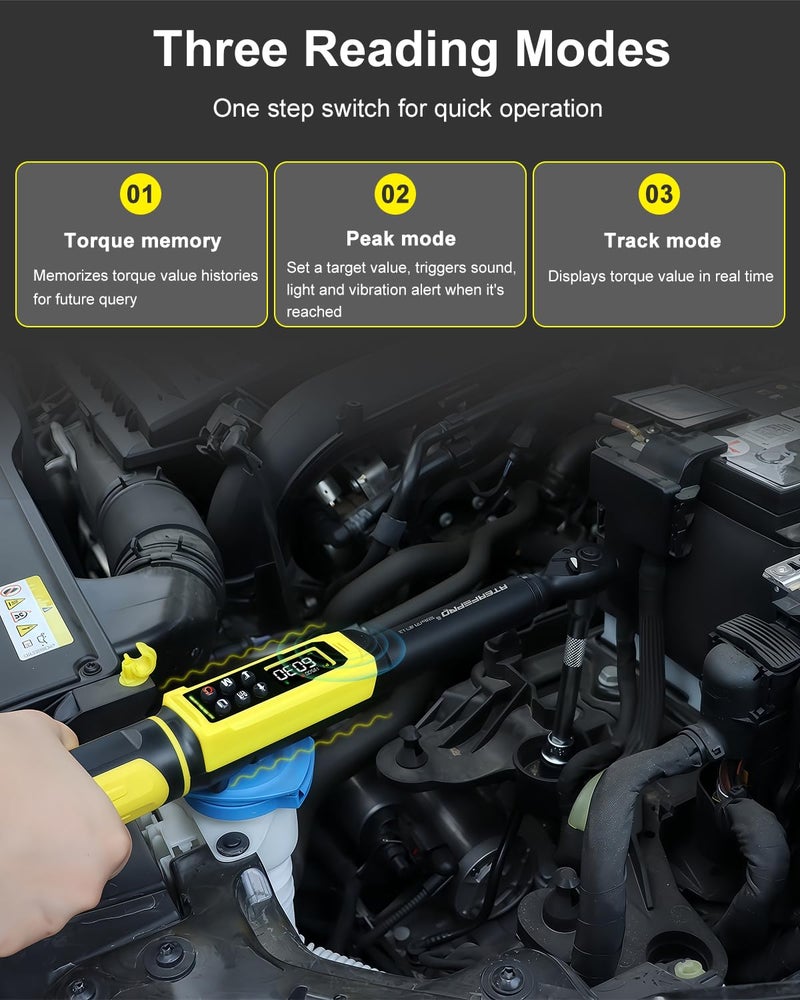 ATsafepro Digital Torque Wrench 3/8" Drive, 1.5-99.5 FT.Lb - 5 Units with Color Screen, Vibration/Buzzer/LED, 5" Extension & 3/8 to 1/2 Adapter, 3/8 Torque Wrench ±2% Accuracy for Car, Motorcycle, Bike Repair - Image 4