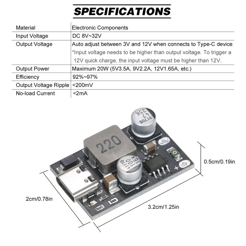 محول باك من النوع Type-C مع معيار تحميل سريع QC3.0 و PD2.0/PD3.0 و PPS - وحدة إمداد طاقة - محول خفض جهد - وحدة تنظيم الجهد المستمر من 8 فولت إلى 32 فولت إلى 3 فولت إلى 12 فولت - تدعم الشحن السريع - Image 5