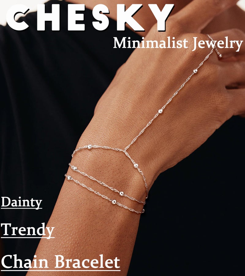 CHESKY Hand Chain Bracelets for Women Set - Dainty Silver Plated Finger Ring Bracelet Stack Adjustable Hand Chains Durable Beaded Bracelets Trendy Simple Body Jewelry - Image 4