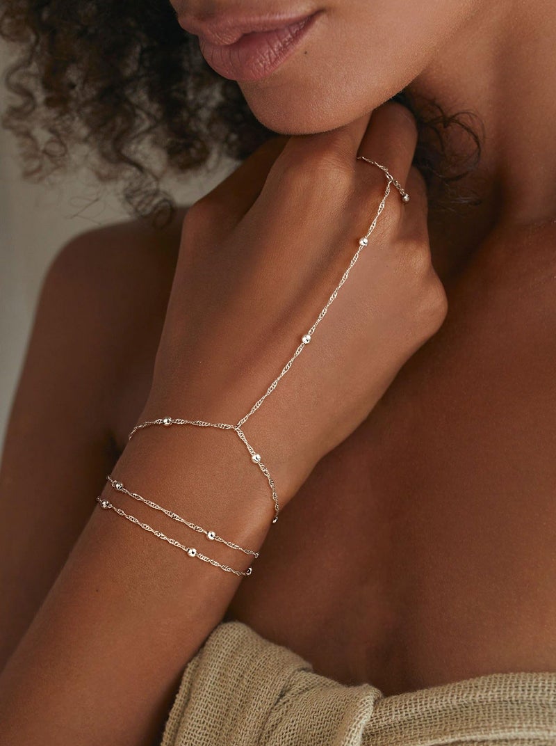 CHESKY Hand Chain Bracelets for Women Set - Dainty Silver Plated Finger Ring Bracelet Stack Adjustable Hand Chains Durable Beaded Bracelets Trendy Simple Body Jewelry - Image 2