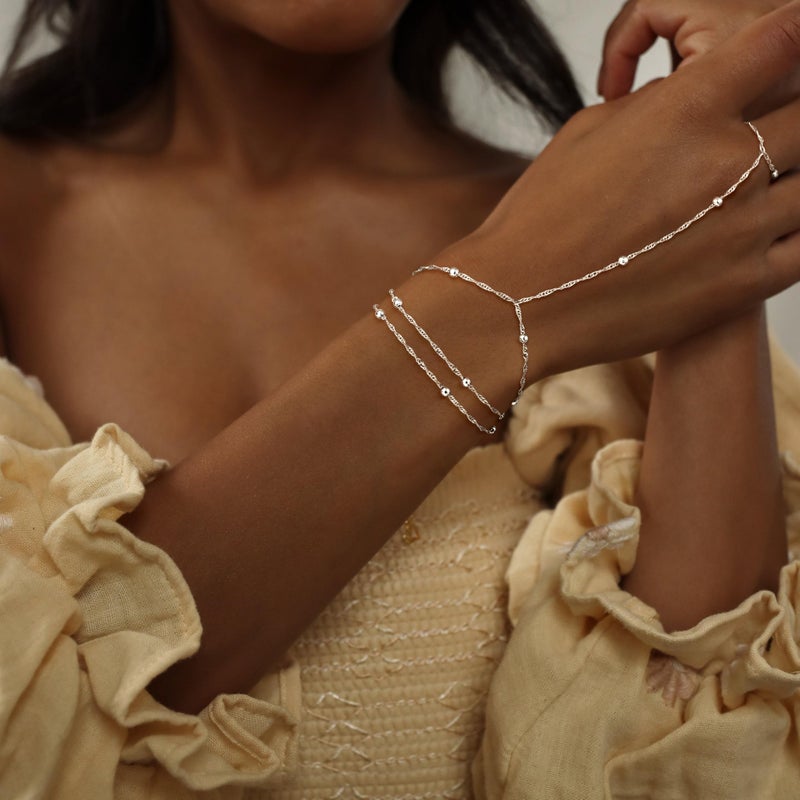 CHESKY Hand Chain Bracelets for Women Set - Dainty Silver Plated Finger Ring Bracelet Stack Adjustable Hand Chains Durable Beaded Bracelets Trendy Simple Body Jewelry - Image 3
