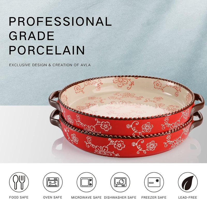 AVLA 2 Pack Ceramic Pie Pan, 9 Inch Round Baking Dish with Double Handle, 28 Ounce Deep Quiche Plate for Kitchen, Cooking, Roasting Lasagna (Sakura, Red) - Image 3