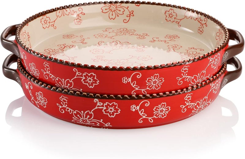 AVLA 2 Pack Ceramic Pie Pan, 9 Inch Round Baking Dish with Double Handle, 28 Ounce Deep Quiche Plate for Kitchen, Cooking, Roasting Lasagna (Sakura, Red) - Image 1