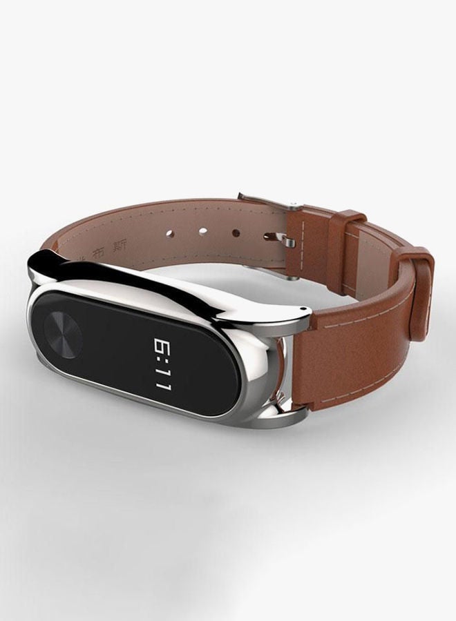 NIBEMINENT Leather Wrist Strap Stainless Bracelet For Xiaomi Mi Band 2 Brown  - Image 2