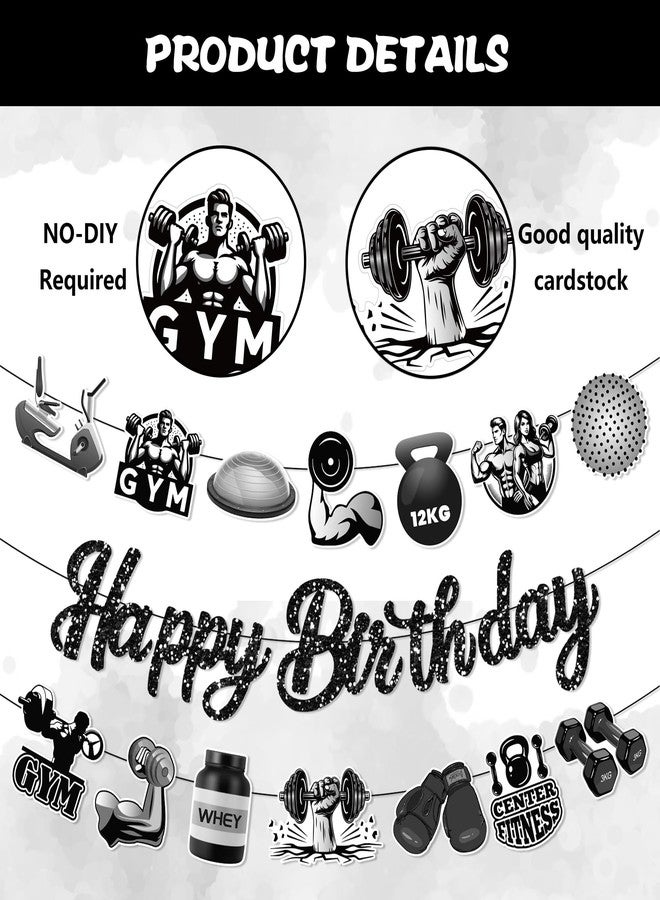 Lide Road Gym Birthday Party Decorations Gym Party Banners Black Glitter Fitness Happy Birthday Glitter Banner Garland Weight Lifting Hanging Bunting Banner Party Backdrop for Weightlifting Fitness Party Decoration - Image 3