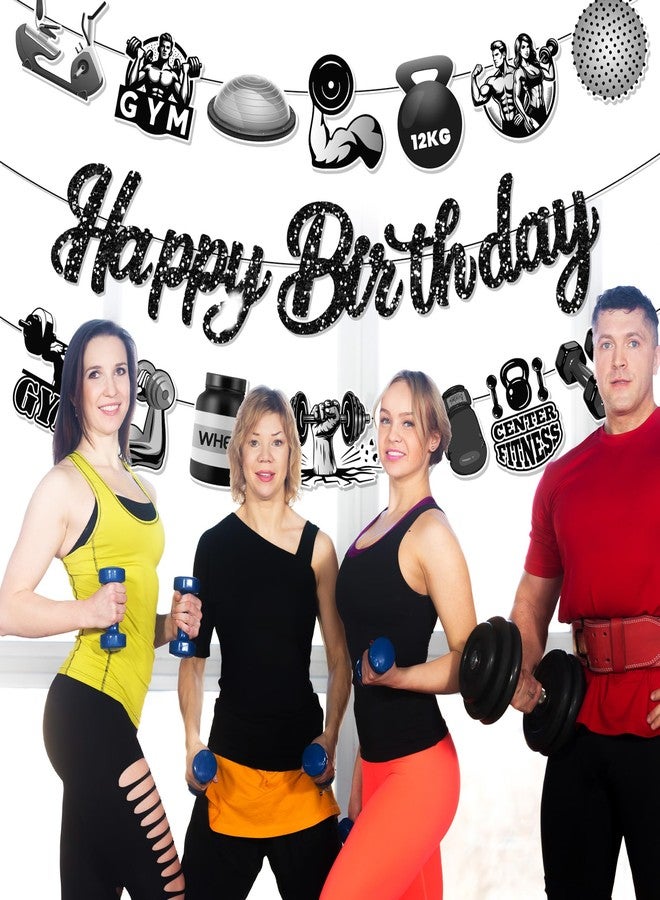 Lide Road Gym Birthday Party Decorations Gym Party Banners Black Glitter Fitness Happy Birthday Glitter Banner Garland Weight Lifting Hanging Bunting Banner Party Backdrop for Weightlifting Fitness Party Decoration - Image 4