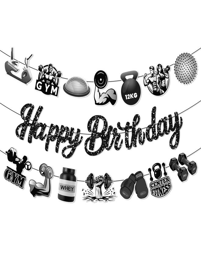 Lide Road Gym Birthday Party Decorations Gym Party Banners Black Glitter Fitness Happy Birthday Glitter Banner Garland Weight Lifting Hanging Bunting Banner Party Backdrop for Weightlifting Fitness Party Decoration - Image 1