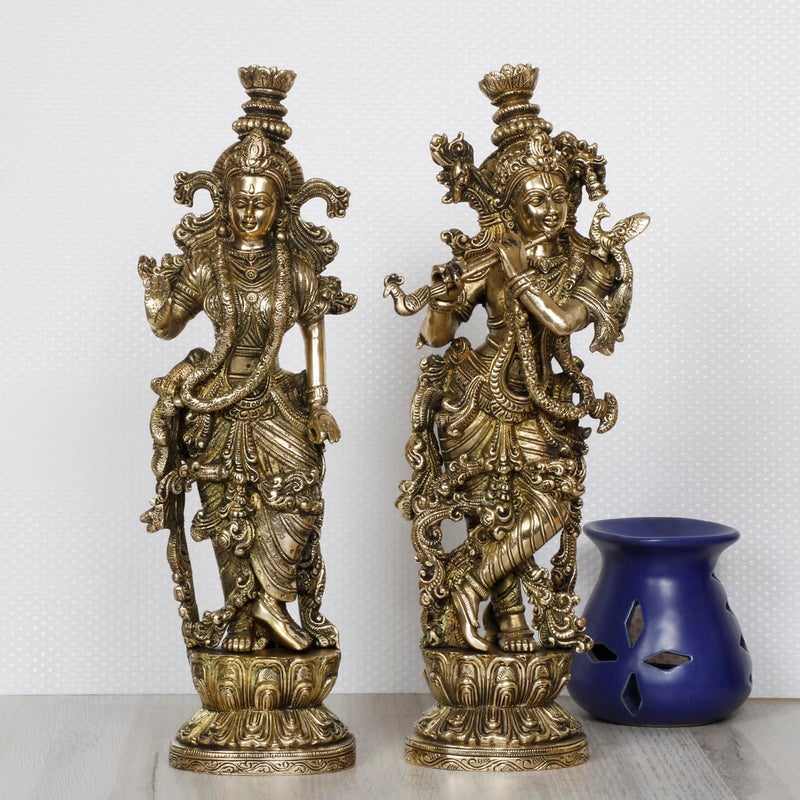 ARTVARKO ARTVARKO Radha Krishna Brass Murti of Murli Kishan Playing Flute Radha Idol Standing on Lotus for Home Mandir Decor Marriage Height 14 Inch  - Image 1
