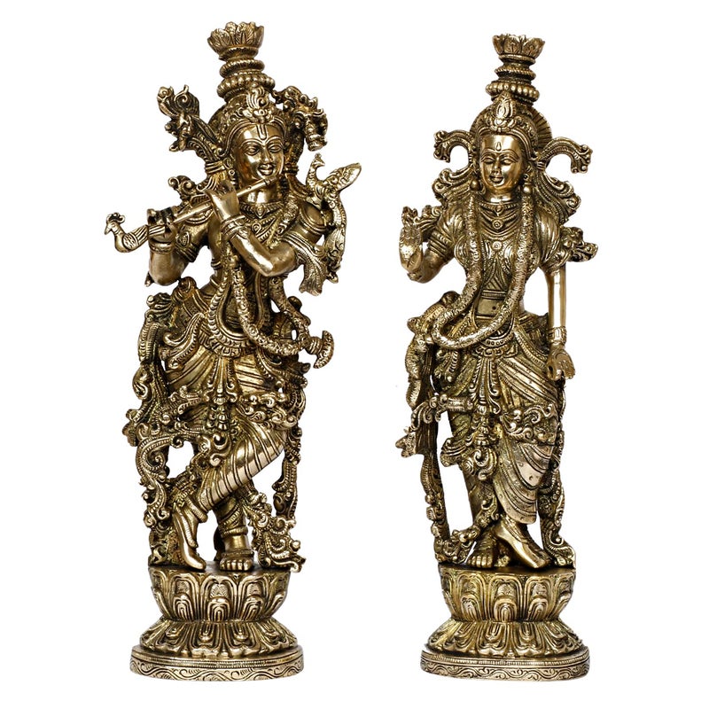 ARTVARKO ARTVARKO Radha Krishna Brass Murti of Murli Kishan Playing Flute Radha Idol Standing on Lotus for Home Mandir Decor Marriage Height 14 Inch  - Image 2