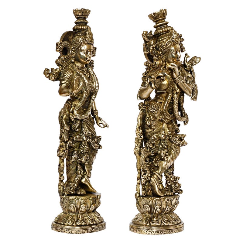 ARTVARKO ARTVARKO Radha Krishna Brass Murti of Murli Kishan Playing Flute Radha Idol Standing on Lotus for Home Mandir Decor Marriage Height 14 Inch  - Image 4