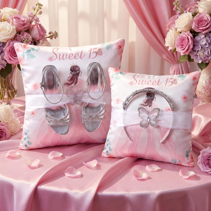 Yousoontic 2 Pcs Cojines para 15 AÃ±os De QuinceaÃ±era Pillows Set Include 1 Mis Xv AÃ±os Shoe Pillow 1 Crown Pillow with Pillowcase QuinceaÃ±era Decorations Gifts for 15th Birthday Decorations - Image 1