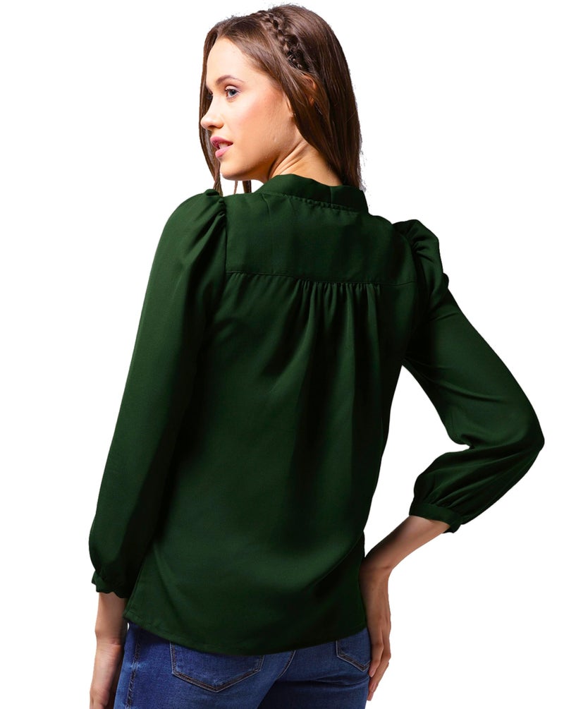 AntiQa Korean Top for Women Stylish Western - Semi Formal Top for Women Office Wear Polyester Full Sleeves Solid Casual Puff Plain Ethnic Summer Design with Bow Tie Up V Neck (Green | S) - Image 2