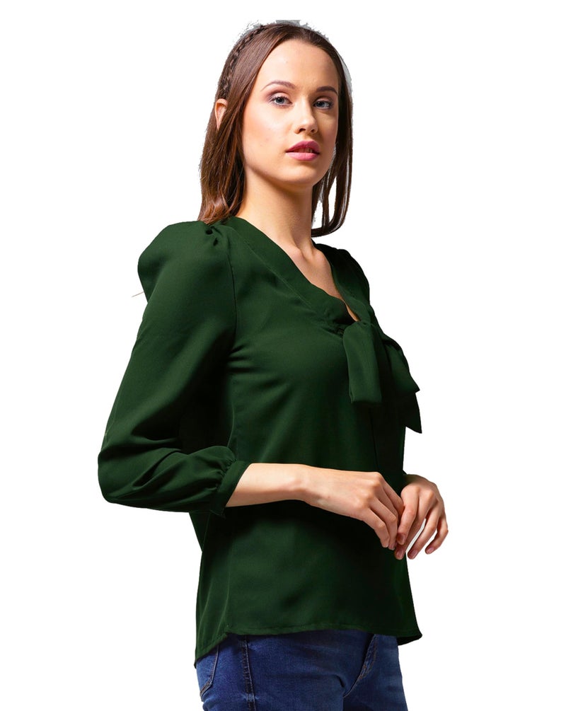 AntiQa Korean Top for Women Stylish Western - Semi Formal Top for Women Office Wear Polyester Full Sleeves Solid Casual Puff Plain Ethnic Summer Design with Bow Tie Up V Neck (Green | S) - Image 3