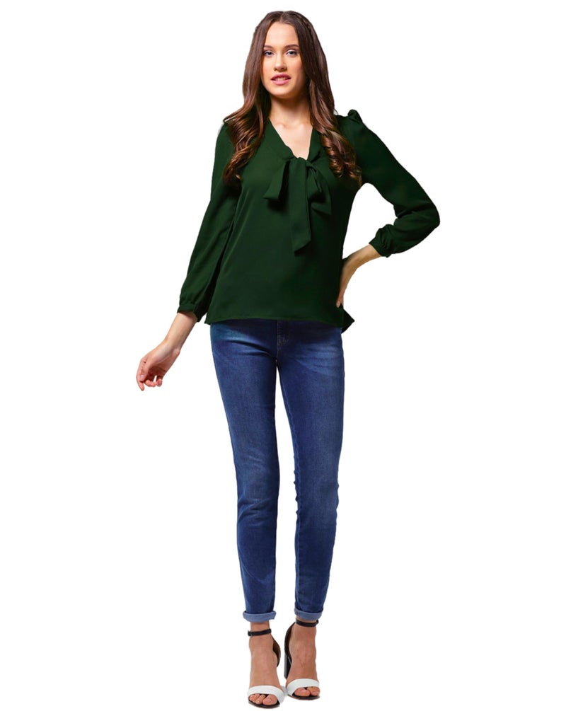 AntiQa Korean Top for Women Stylish Western - Semi Formal Top for Women Office Wear Polyester Full Sleeves Solid Casual Puff Plain Ethnic Summer Design with Bow Tie Up V Neck (Green | S) - Image 5