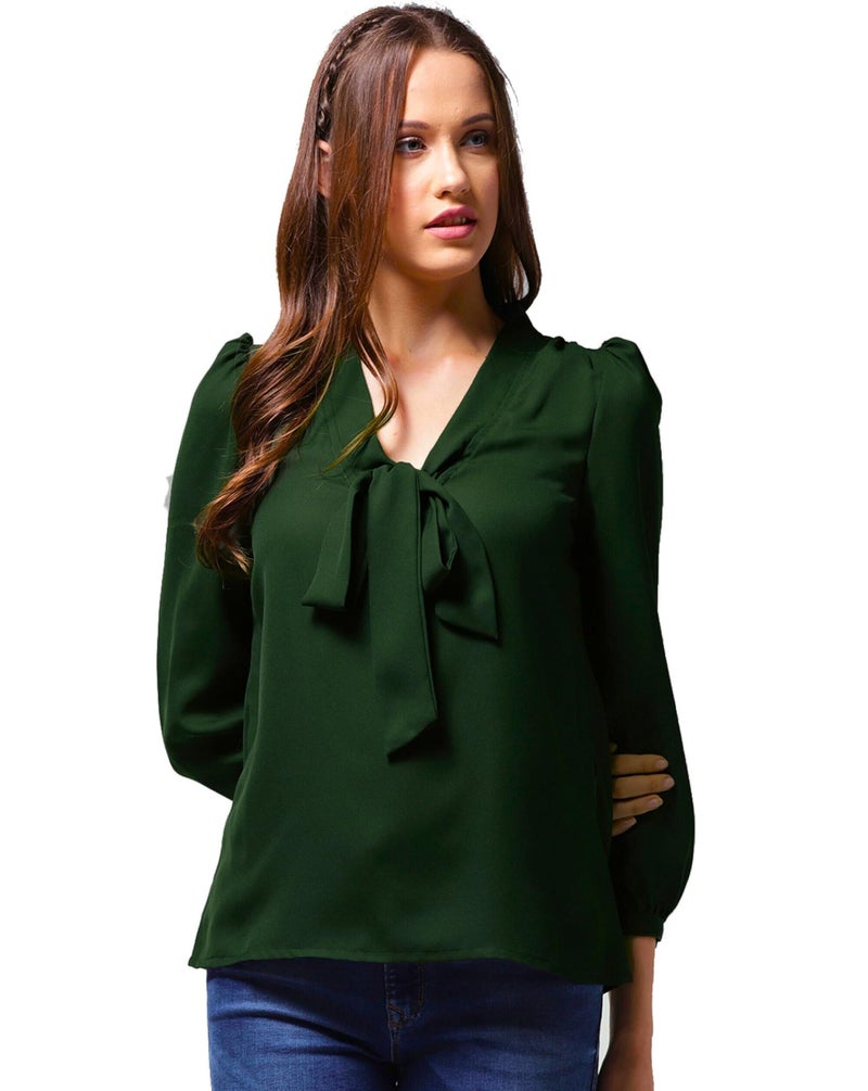 AntiQa Korean Top for Women Stylish Western - Semi Formal Top for Women Office Wear Polyester Full Sleeves Solid Casual Puff Plain Ethnic Summer Design with Bow Tie Up V Neck (Green | S) - Image 1