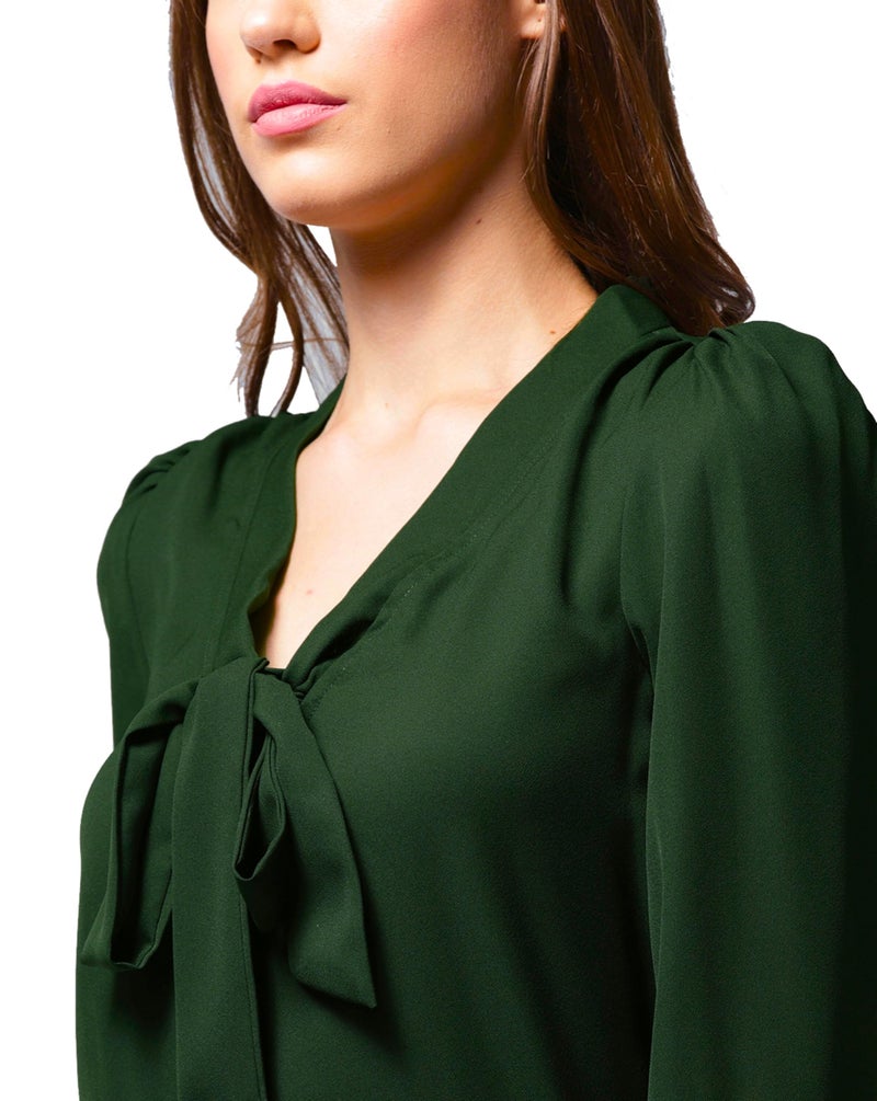 AntiQa Korean Top for Women Stylish Western - Semi Formal Top for Women Office Wear Polyester Full Sleeves Solid Casual Puff Plain Ethnic Summer Design with Bow Tie Up V Neck (Green | S) - Image 4