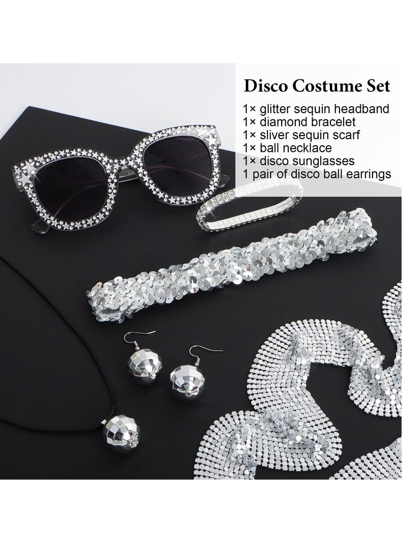 إسكدنيا 70s Women Disco Accessories Set - Sequin Scarf, Headband, Diamond Bracelet, Ball Necklace, Earring Glasses - Image 4