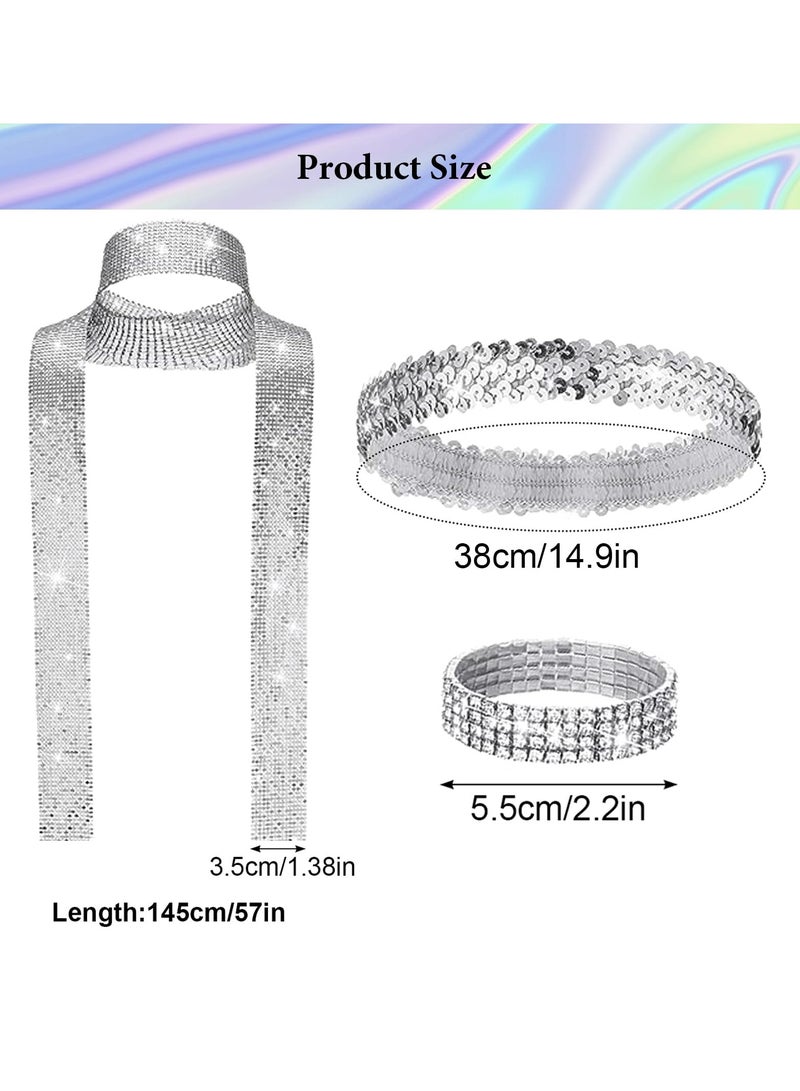 إسكدنيا 70s Women Disco Accessories Set - Sequin Scarf, Headband, Diamond Bracelet, Ball Necklace, Earring Glasses - Image 2