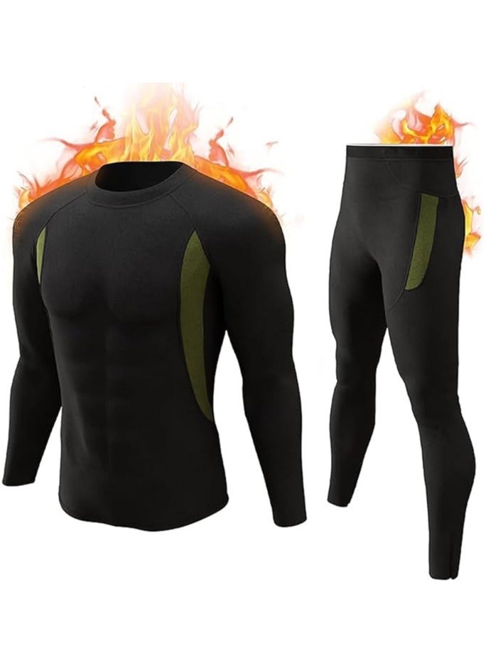"Men's Thermal Underwear Set with Merino Wool Lining - Windproof Hunting Base Layer for UAE Desert Safaris & Winter Camping | Moisture-Wicking, Odor-Resistant Black Gear (Top & Bottom)" - Image 1