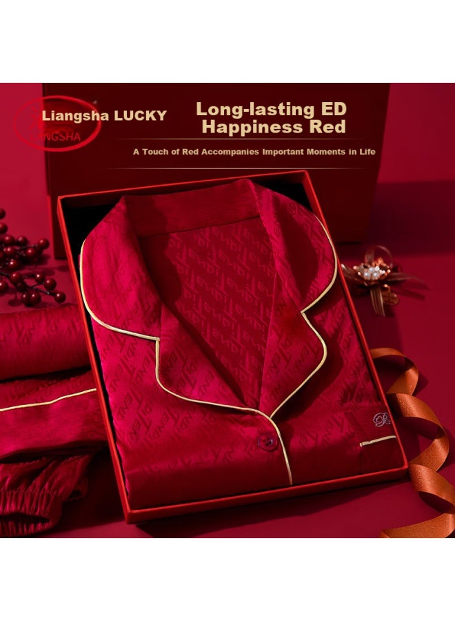 LANG SHA Langsha Red Wedding Pajamas, Couple's Outfit, Men's And Women's Ice Silk, New Wedding Long-sleeve And Long Pants Set, Spring And Autumn High-end Loungewear - Image 1
