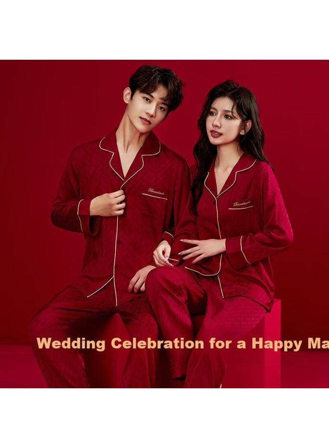 LANG SHA Langsha Red Wedding Pajamas, Couple's Outfit, Men's And Women's Ice Silk, New Wedding Long-sleeve And Long Pants Set, Spring And Autumn High-end Loungewear - Image 3