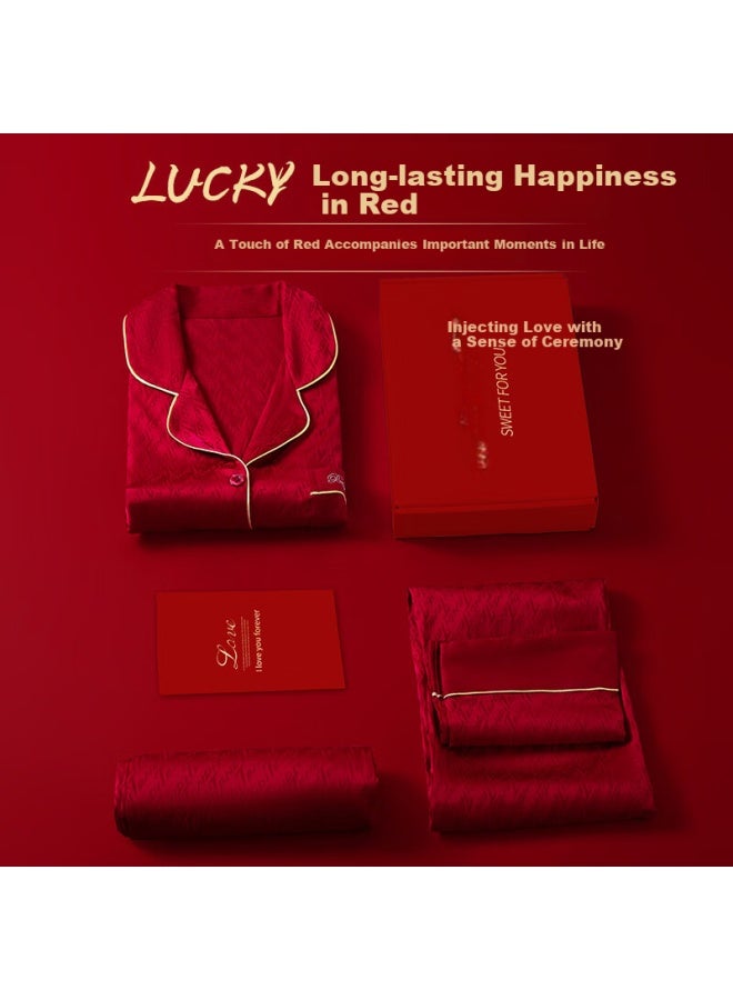 LANG SHA Langsha Red Wedding Pajamas, Couple's Outfit, Men's And Women's Ice Silk, New Wedding Long-sleeve And Long Pants Set, Spring And Autumn High-end Loungewear - Image 2