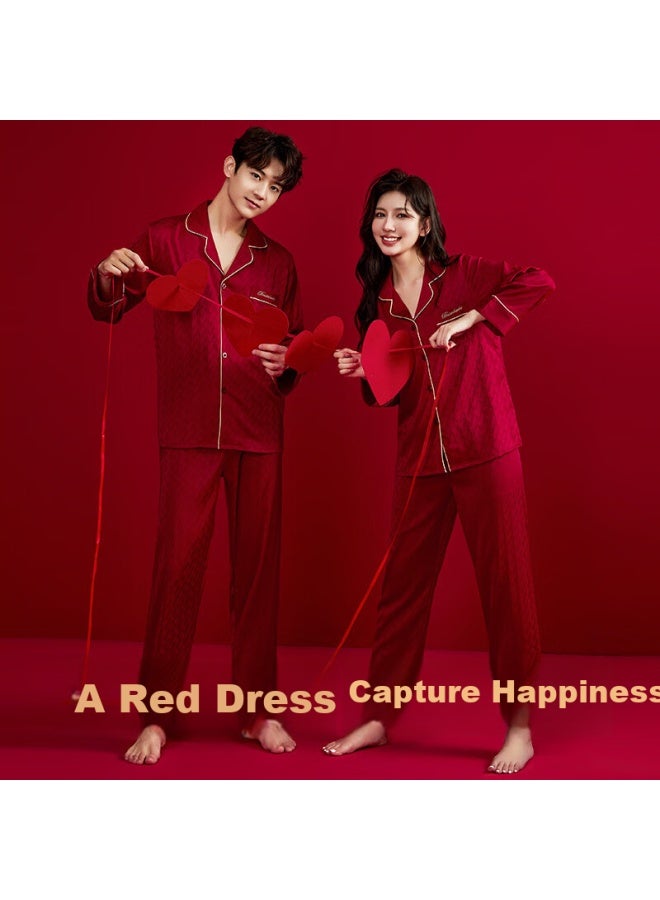 LANG SHA Langsha Red Wedding Pajamas, Couple's Outfit, Men's And Women's Ice Silk, New Wedding Long-sleeve And Long Pants Set, Spring And Autumn High-end Loungewear - Image 4
