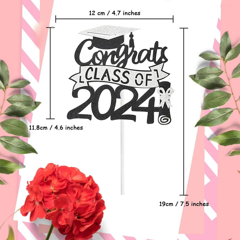 Chewarelly 1 Pack 2024 Class Of cake Topper  Glitter Congrats Grad Cake Decor  Graduation Cake Picks for Senior High School College Grad Party Decorations Supplies(Black with Silver) A - Image 2